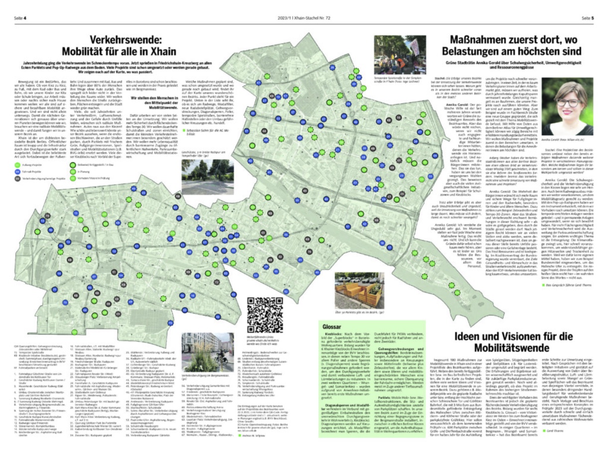 Mobilitätsseite Stachel2023-1 Screenshot: Zeitungsseite mit 3 Artikeln und einer Karte des Bezirks mit Pins der Projekte samt umfangreicher Legende.