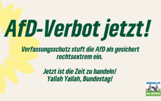 Plakat mit grünem Text „AfD-Verbot jetzt!“ auf hellem Hintergrund mit gelbem Sonnenblumenmuster. Darunter steht: „Verfassungsschutz stuft die AfD als gesichert rechtsextrem ein. Jetzt ist die Zeit zu handeln! Yallah Yallah, Bundestag!“ Unten rechts das Logo von Bündnis 90/Die Grünen Friedrichshain-Kreuzberg.